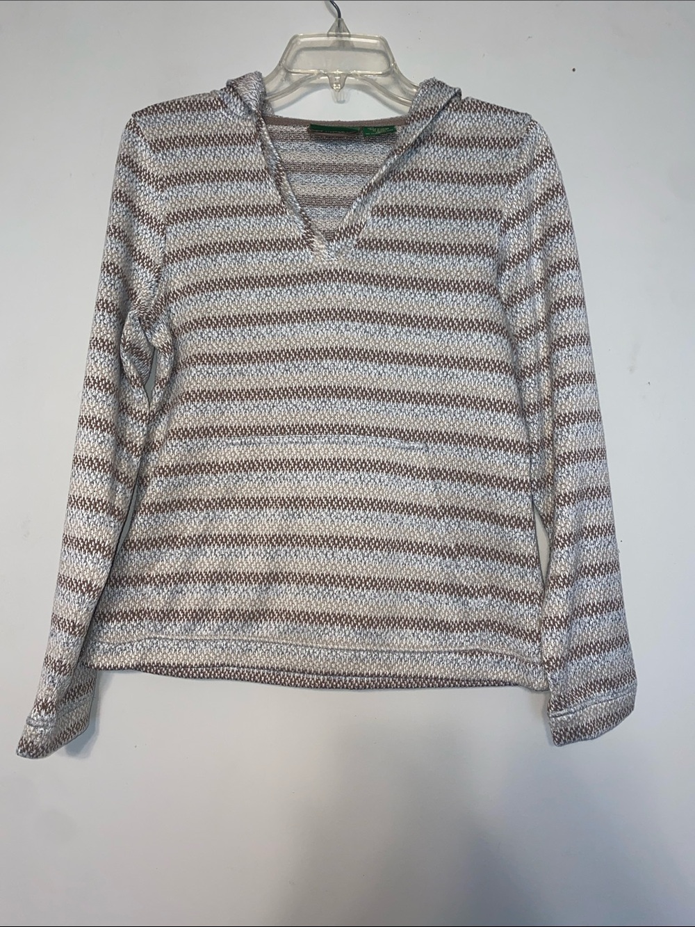Striped V‑Neck Hoodie Sweater - White & Brown